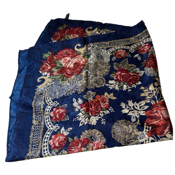 Vintage Floral Blue and Red Roses Square Scarf - Satin - 34” Square - Picture 2 of 5